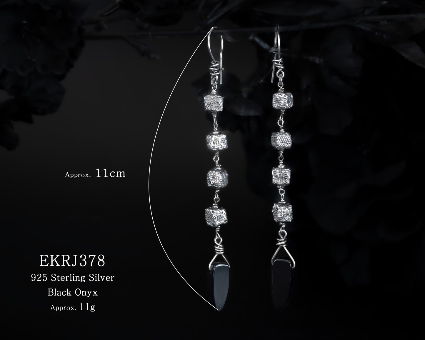 EKRJ378 Handmade Black Onyx Long Drop Fabric Texture Silver Art Earrings