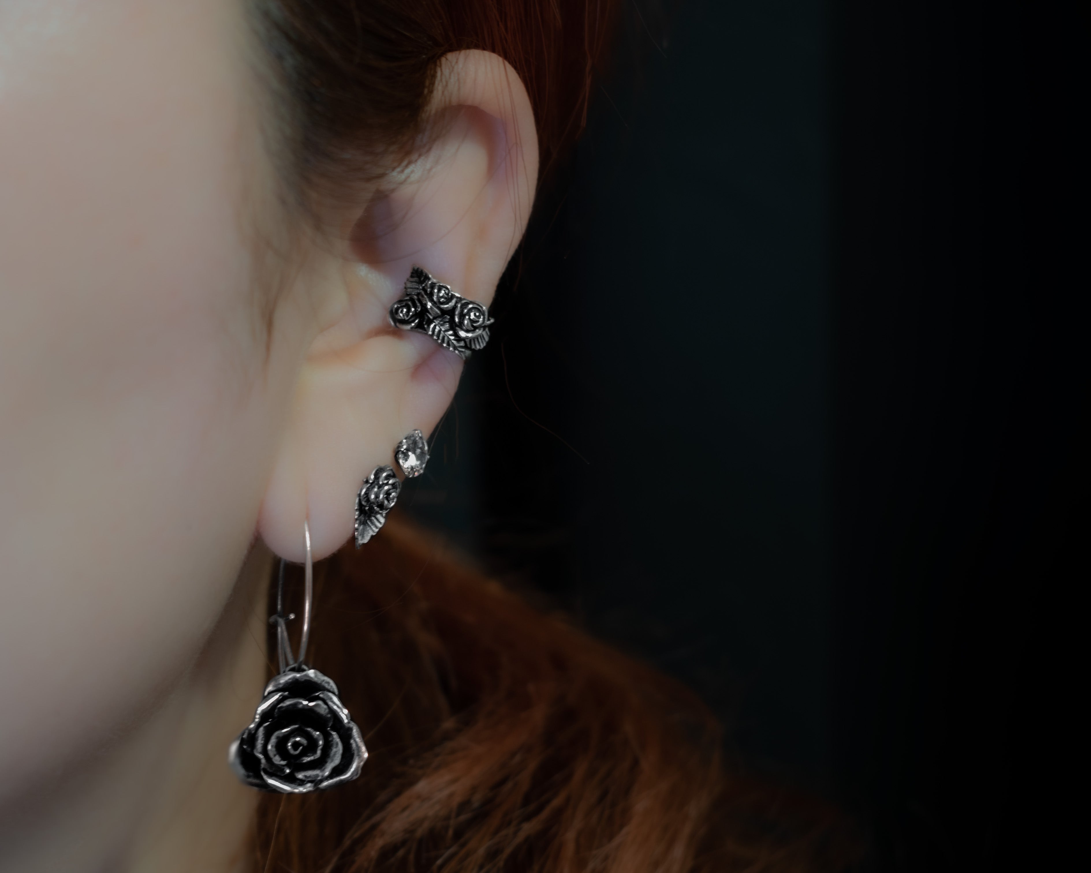 EKRJ592_Rose Silver Ear Cuffs / No piercing needed